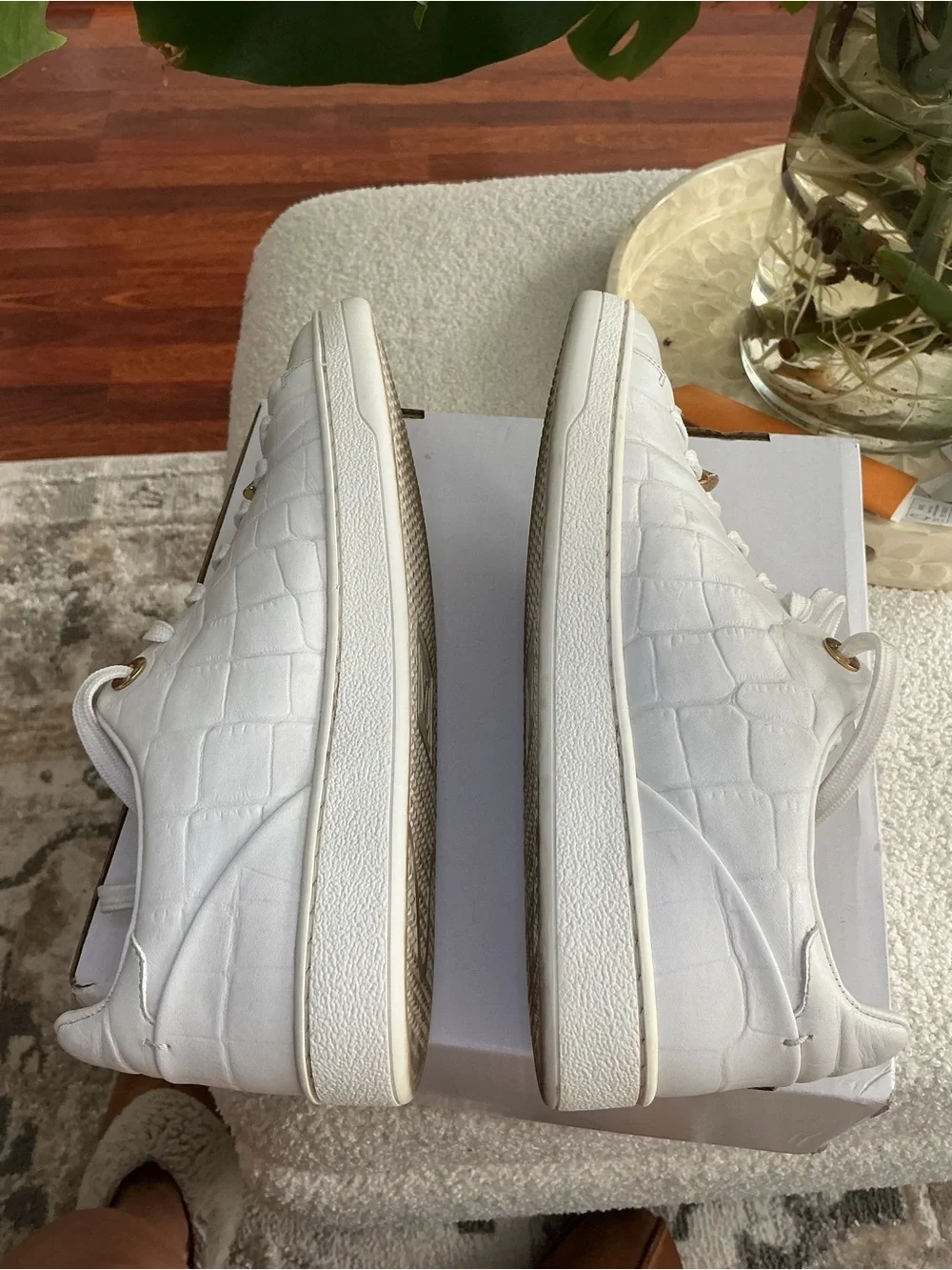 Louis Vuitton White Croc-Embossed Sneakers with Gold V Accents